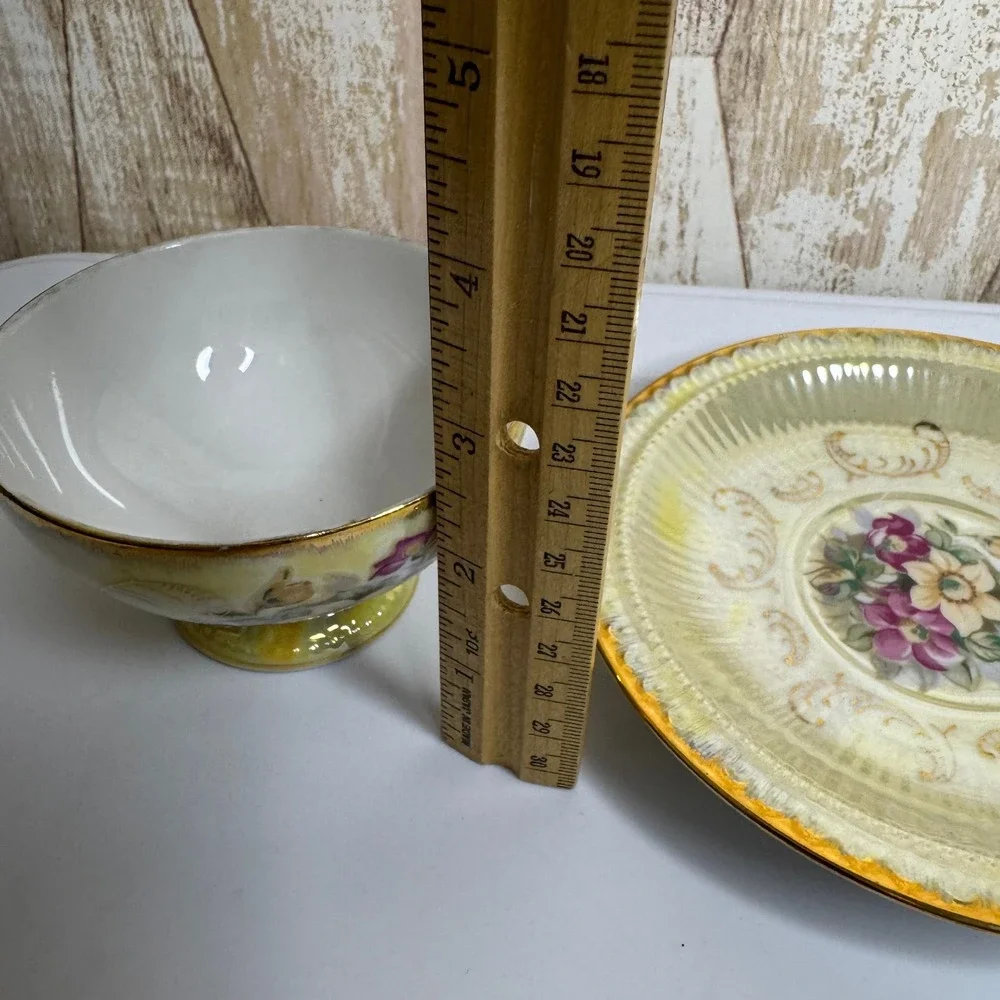 Inarco Japan E-6141 Yellow Lusterware Tea Cup and Saucer Set Floral Gold Trim
